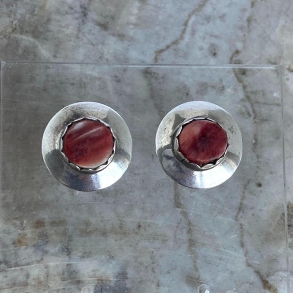 Sterling Silver 925 0.61" Southwest Round Bezel Set Spiny Oyster Stud Earrings